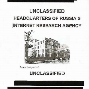 A blurry black and white image of a building labeled "Headquarters of Russia's Internet Research Agency."